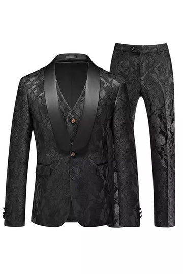Jacquard noir 3 pièces châle revers Costumes pour hommes